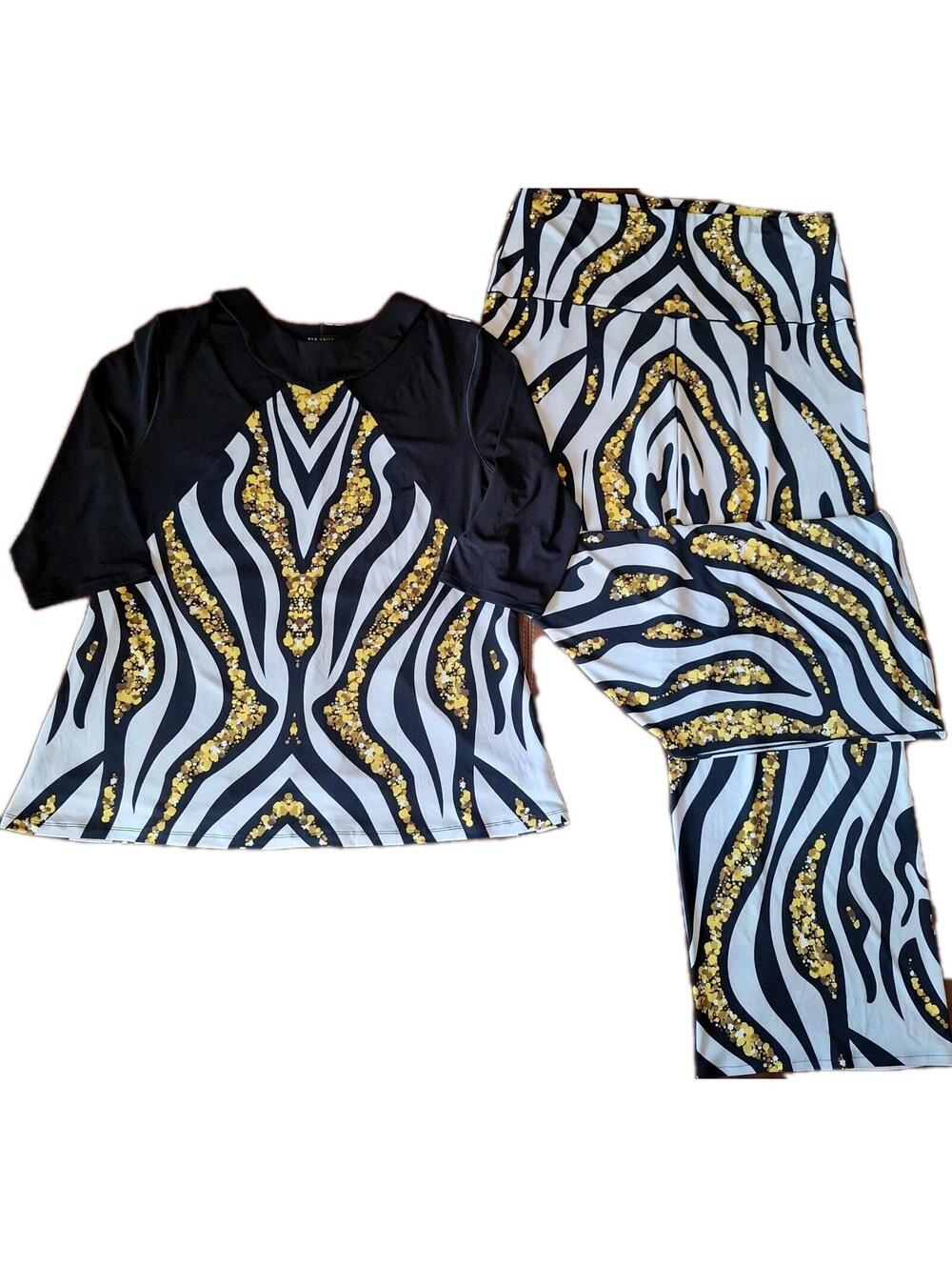 Eva Varro NWT Top Pants Zebra Gold Confetti Slinky Palazzo Artsy NWT - Size XL